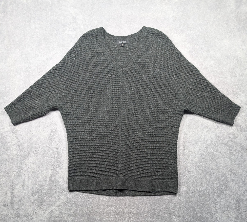 Ellen Tracy Sweater Womens XL Gray Knit Elbow Sleeve Relaxed Fit V Neck
